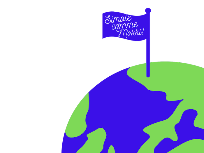 Illustration d'un drapeau planté sur une planète sur lequel est écrit : simple comme Mökki