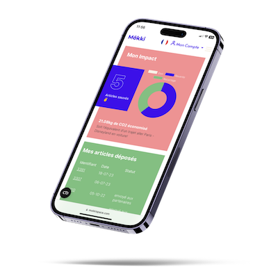 écran d'un téléphone mobile qui affiche les chiffres de l'impact générés par l'utilisation de Mökki