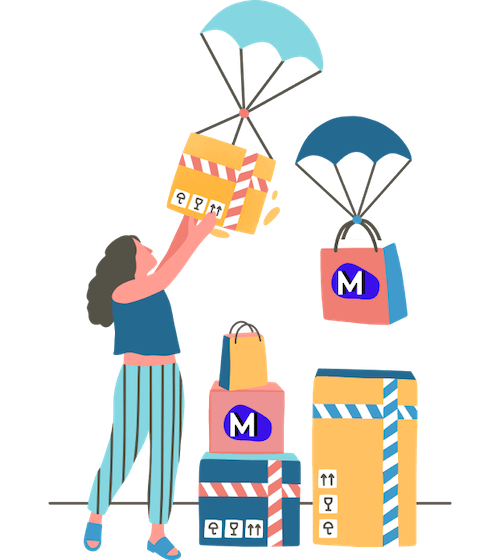 Illustration of a woman receiving parcels by parachute.
