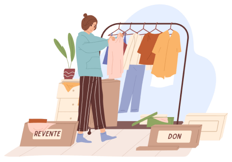 Illustration of a woman sorting clothes at home to put them in resale and donation boxes.