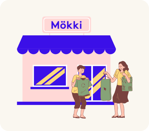 Illustration de personnes qui apportent des affaires dans un espace Mökki