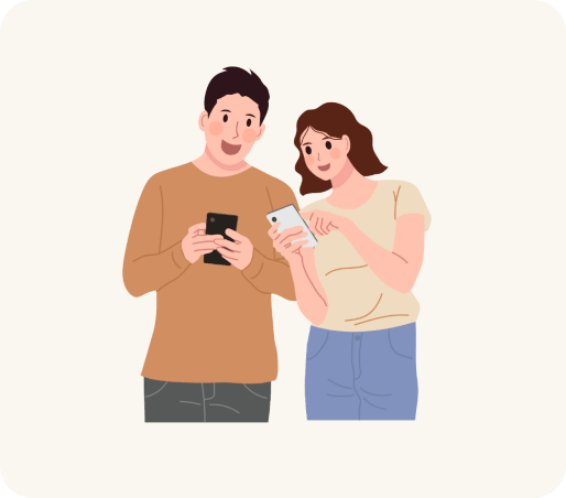 Illustration of two people looking at cell phones.